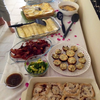 February 2016: An amazing breakfast buffet friends threw me for my birthday, the day before leaving for our river trip correction: that's a breakfast buffet "party" they threw me... no food was thrown!